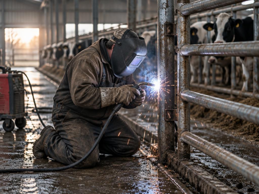Welder welding a steel cattle gate inside a dairy barn