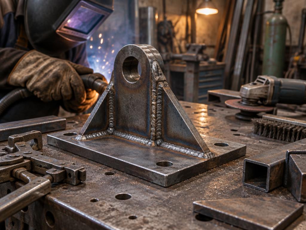 Freshly welded steel brackets and mounting plates on a fabrication bench