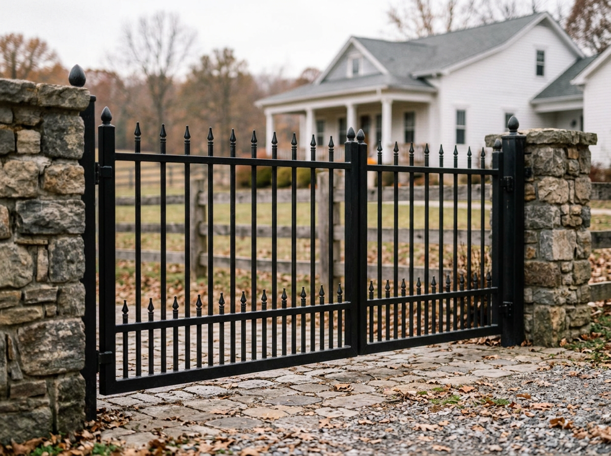 Black metal driveway gate with spear-point finials between stone piers at a farmhouse