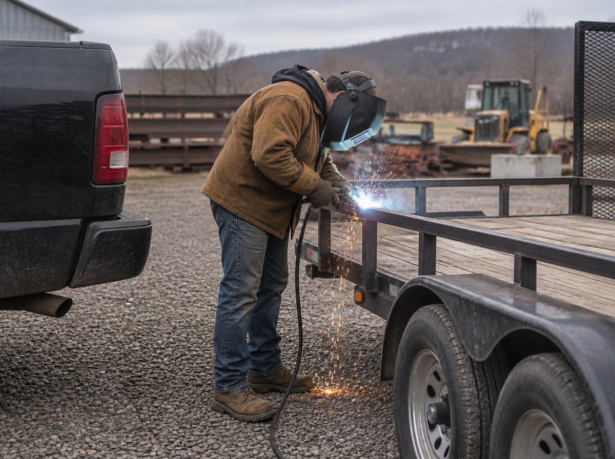 Welder repairing the steel frame of a utility equipment trailer on a gravel lot